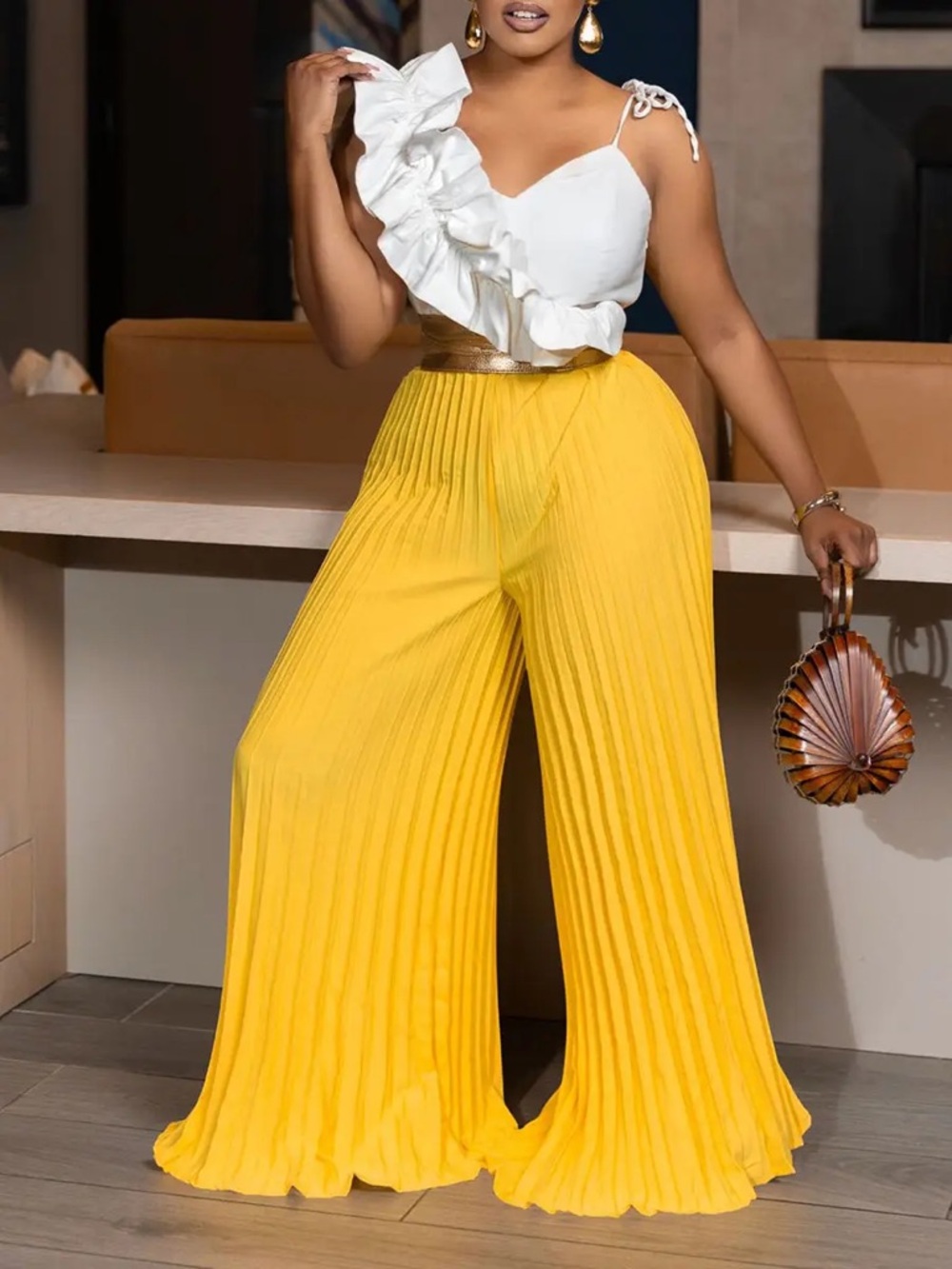 Yellow Pleated Wide-Leg Pants Set | Ruffle One-Shoulder Top Medium